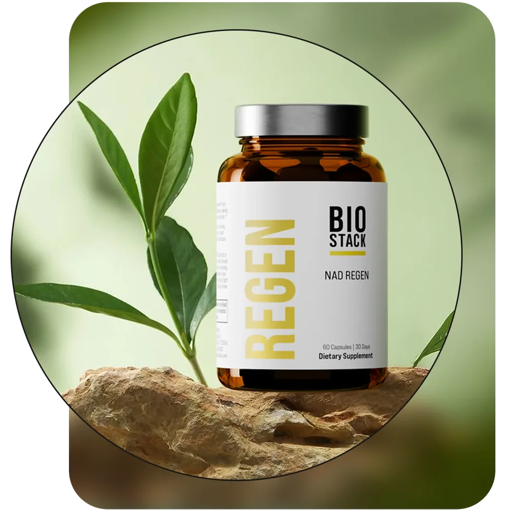 Biostack Labs NAD Regen bottle on a rock with green leaves