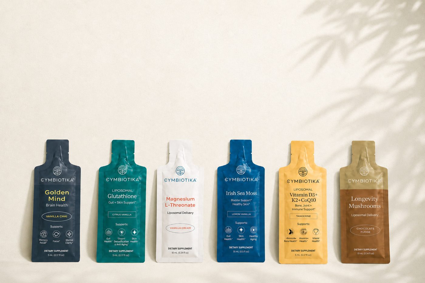 Six Cymbiotika liposomal pouches in a row