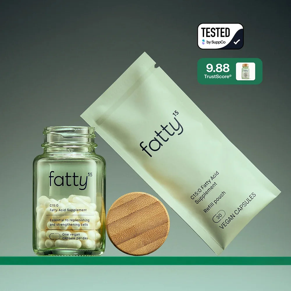 Fatty15 glass bottle and refill pouch