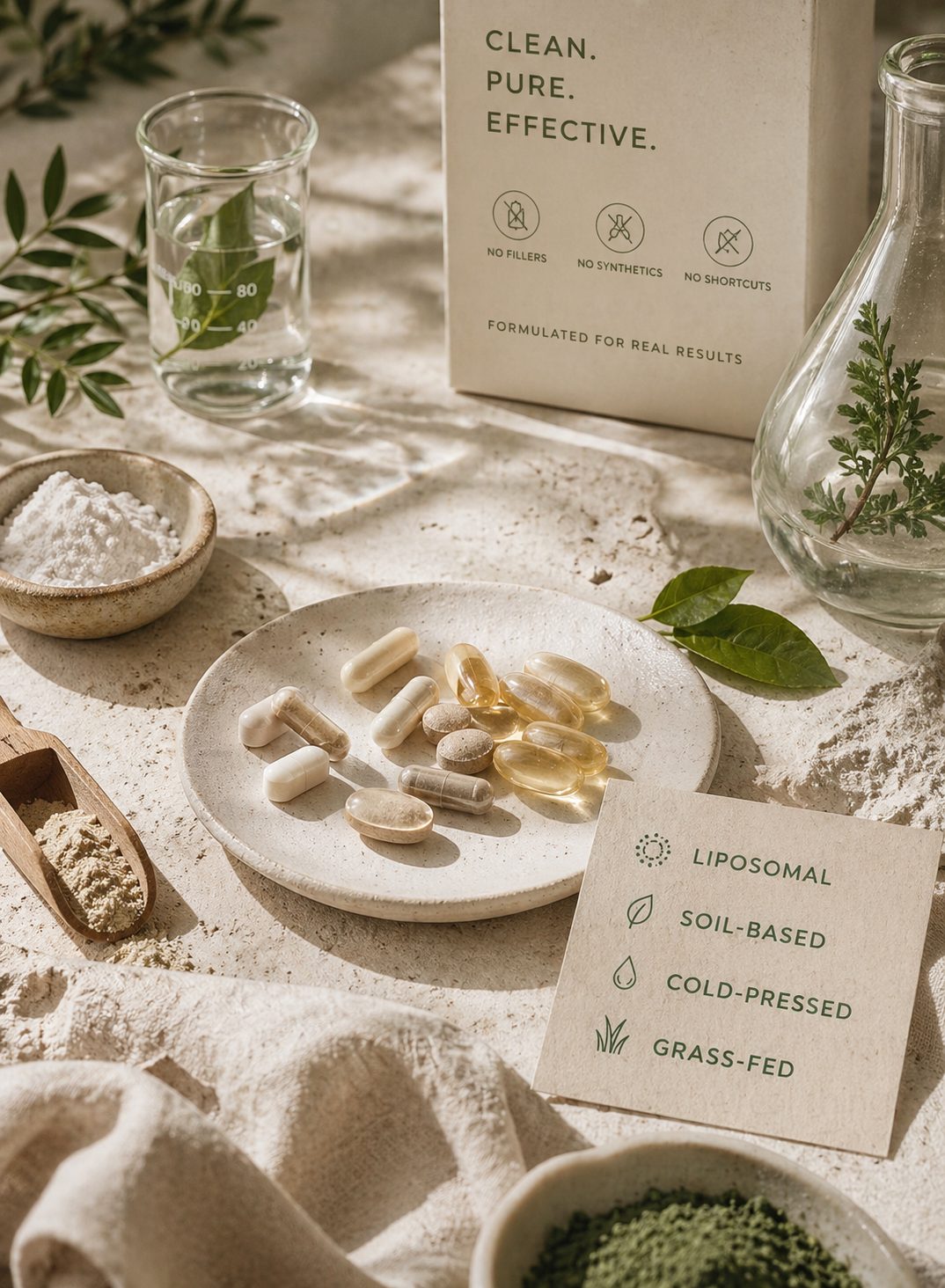 Capsules, powders and botanicals on a stone surface with a card reading liposomal, soil-based, cold-pressed, grass-fed